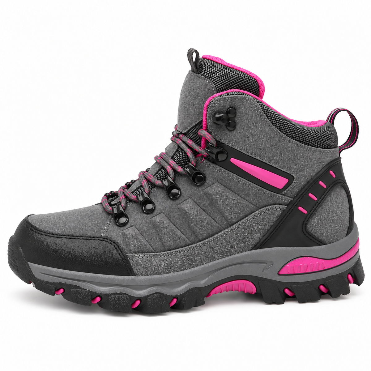 Chaussure randonnée chaude femme grise complète vue de profil sur fond blanc chaud