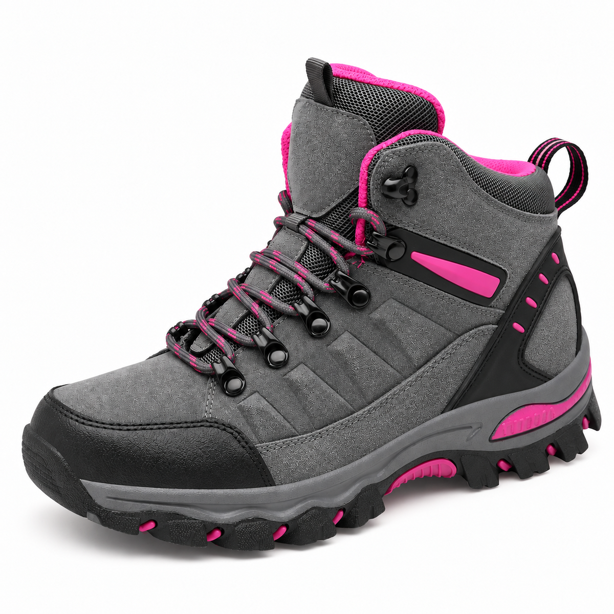 Chaussure randonnée chaude femme grise complète en vue basse sur fond blanc chaud