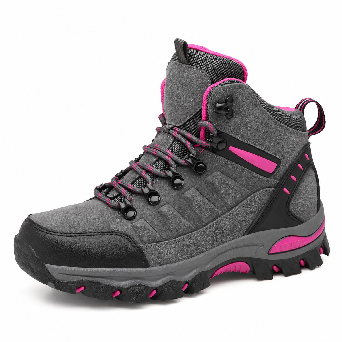 Chaussure randonnée chaude femme grise – vue trois-quarts sur fond blanc