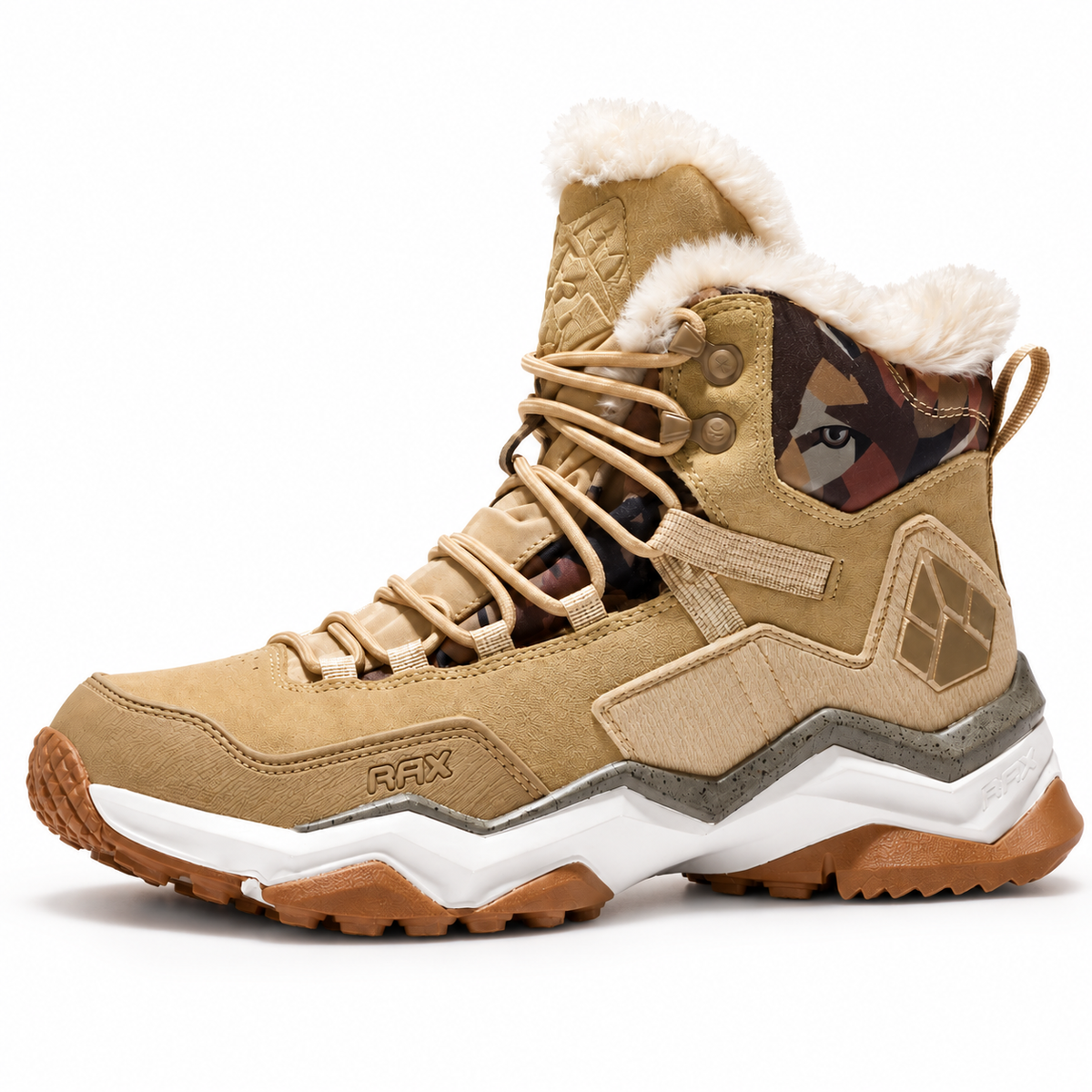 Chaussure randonnée chaude homme beige complète vue de profil latéral sur fond blanc chaud