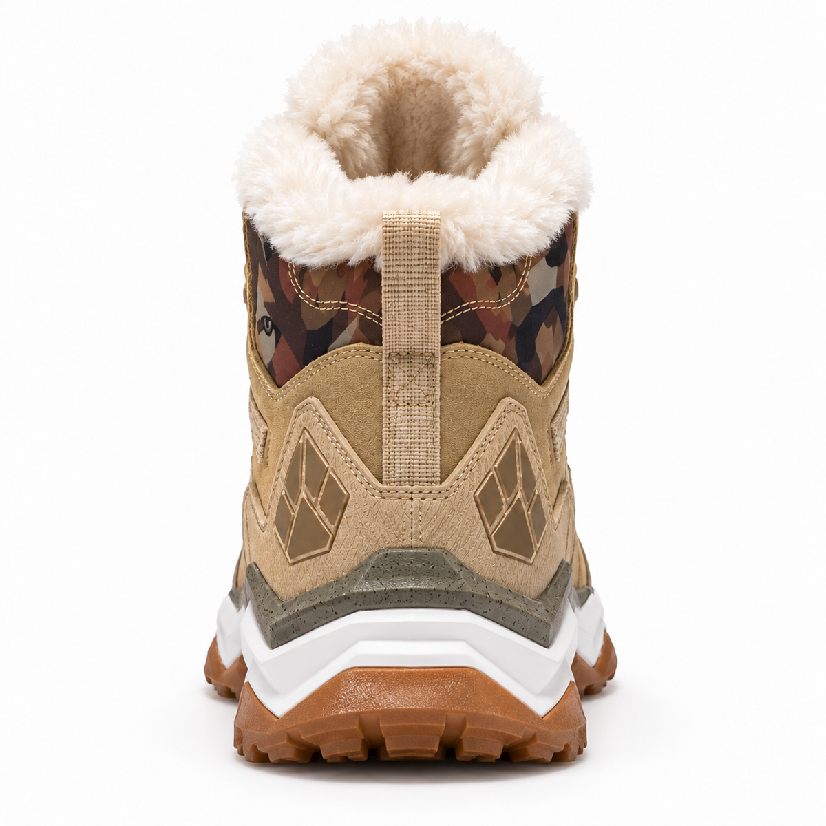 Chaussure randonnée chaude homme beige complète vue arrière avec doublure et semelle attachée