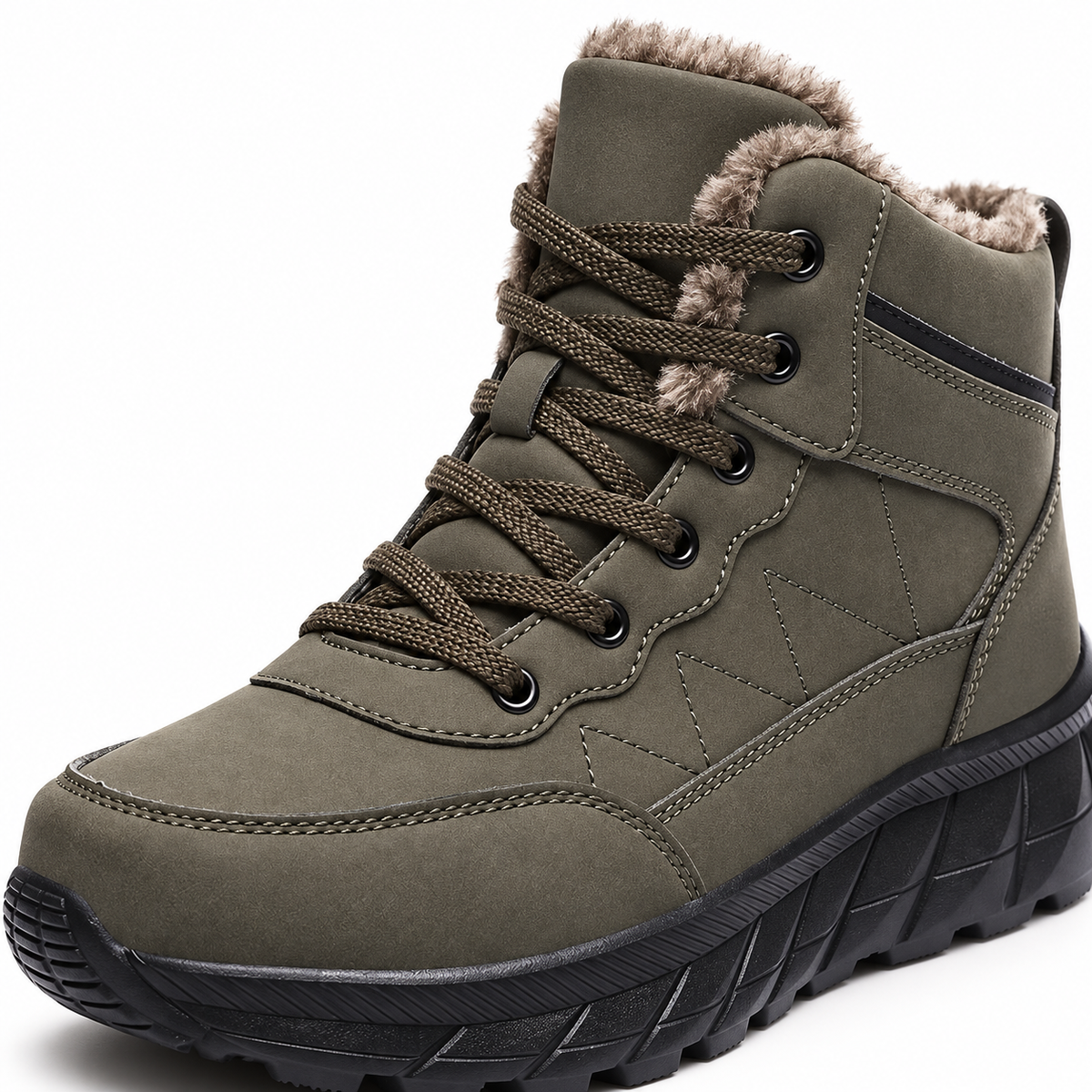 Chaussure randonnée chaude kaki – détail du col et du laçage