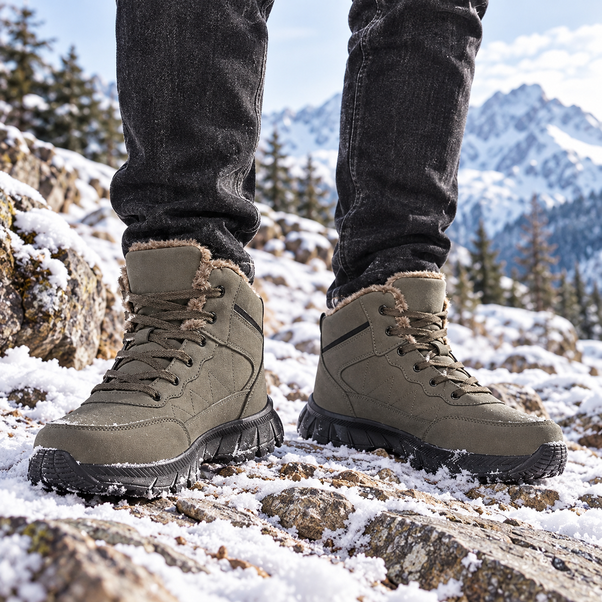 Chaussures randonnée chaudes kaki portées sur sentier froid