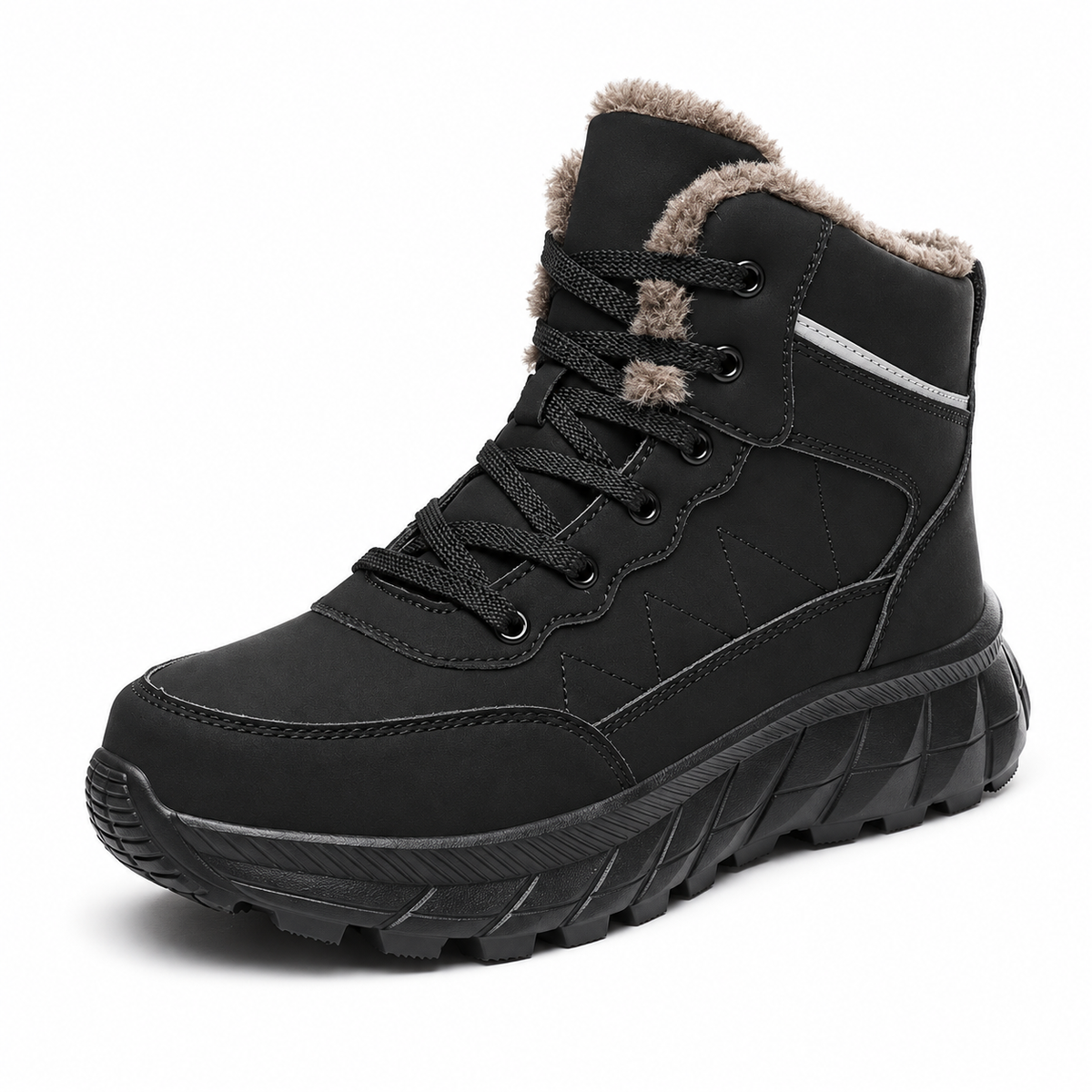 Chaussure randonnée chaude noire – vue trois-quarts sur fond blanc