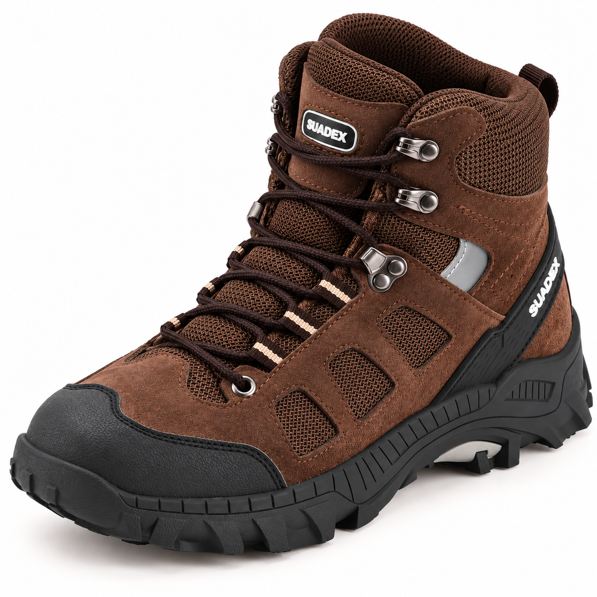 Chaussure de randonnée coquée marron vue du dessus avec col rembourré, languette et laçage