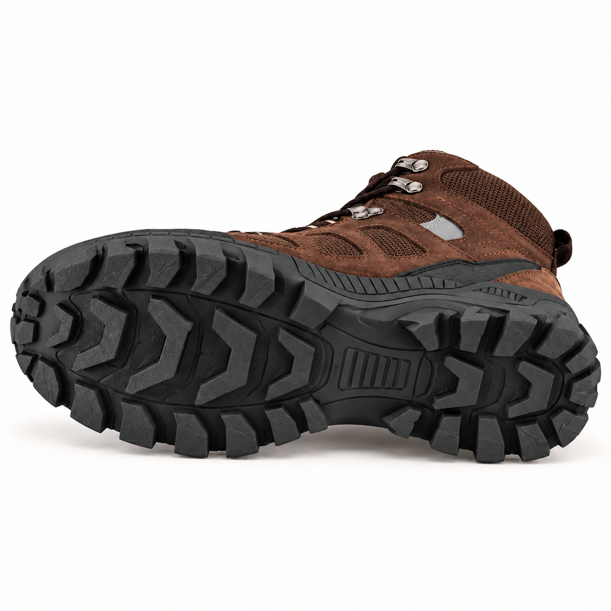 Semelle extérieure entière de chaussure de randonnée coquée marron visible du talon aux orteils