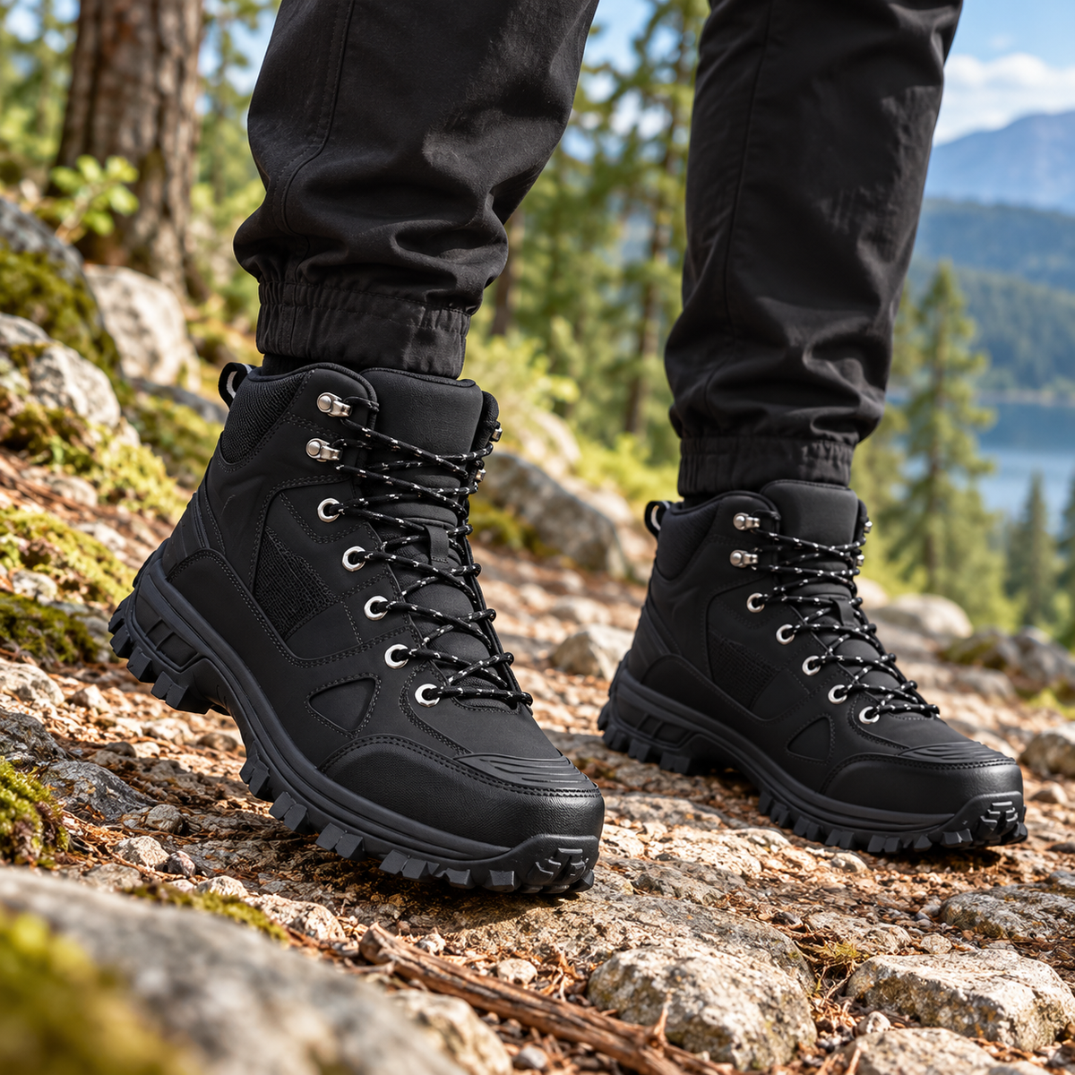 Chaussures randonnée cousu norvégien noires portées sur sentier rocheux