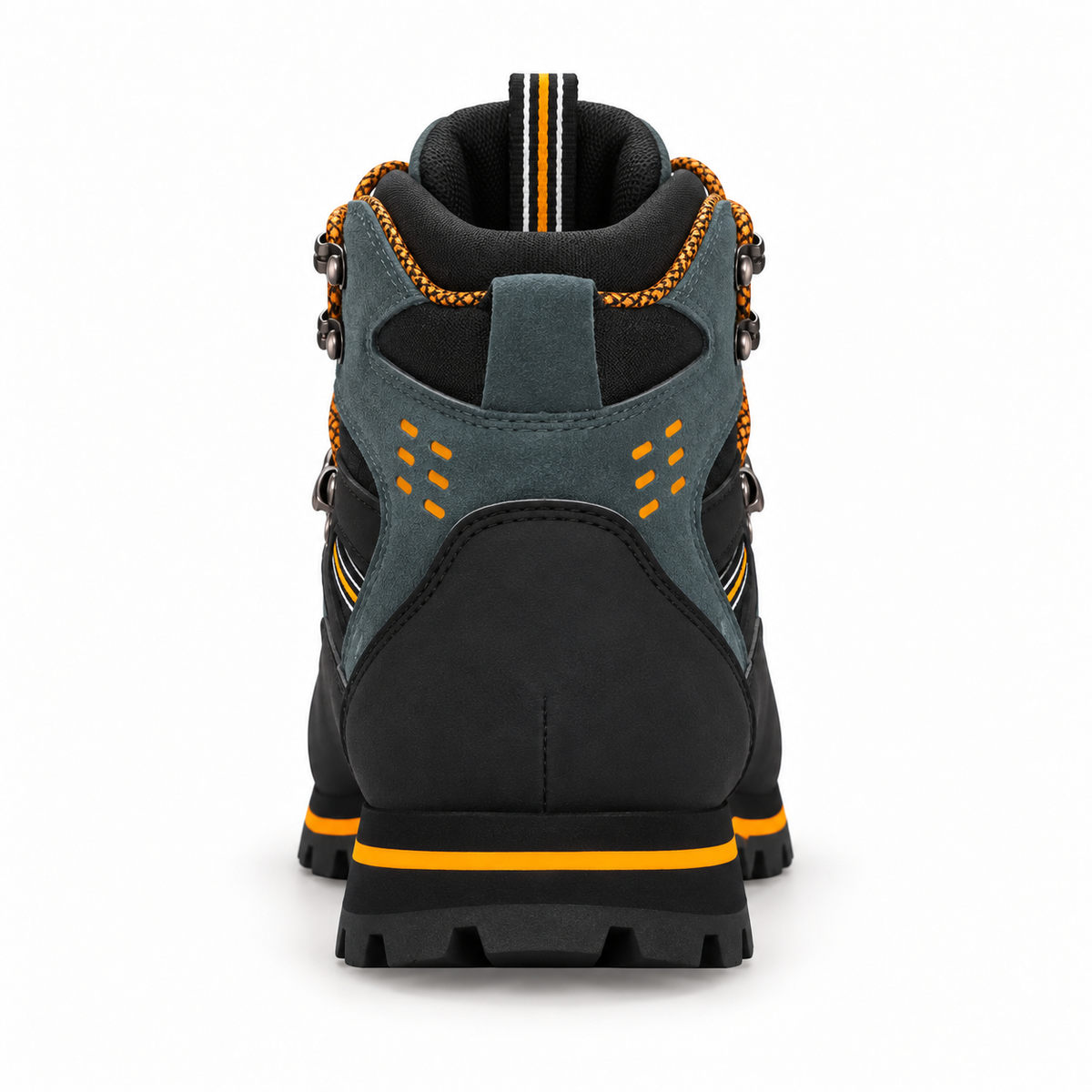 Chaussure randonnée cramponnable noir et orange complète vue de profil latéral sur fond blanc chaud