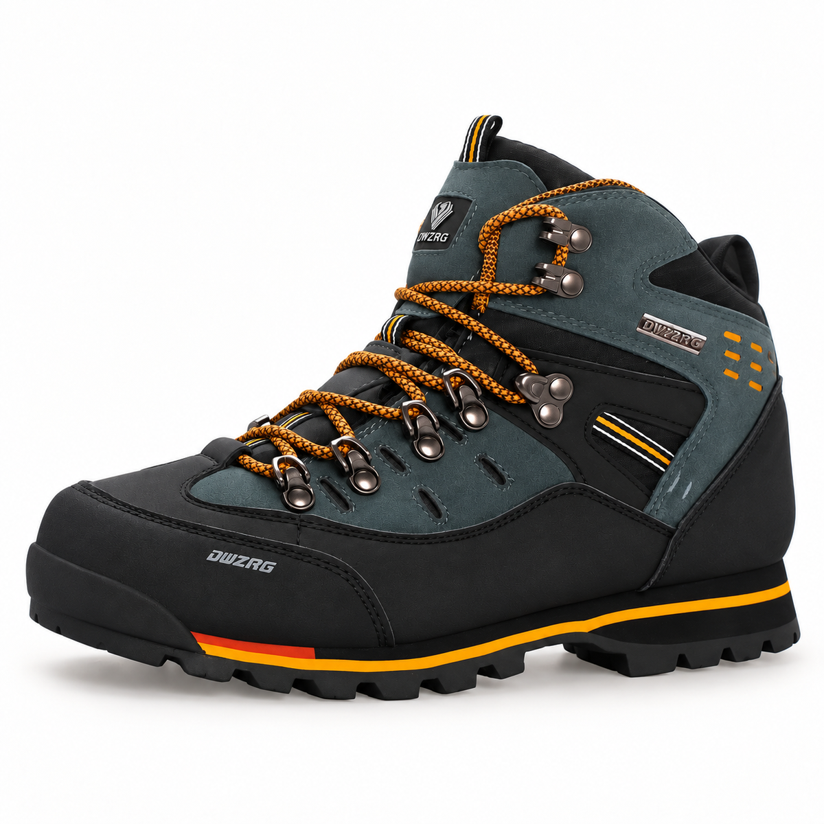 Chaussure randonnée cramponnable noir et orange complète vue arrière avec semelle attachée