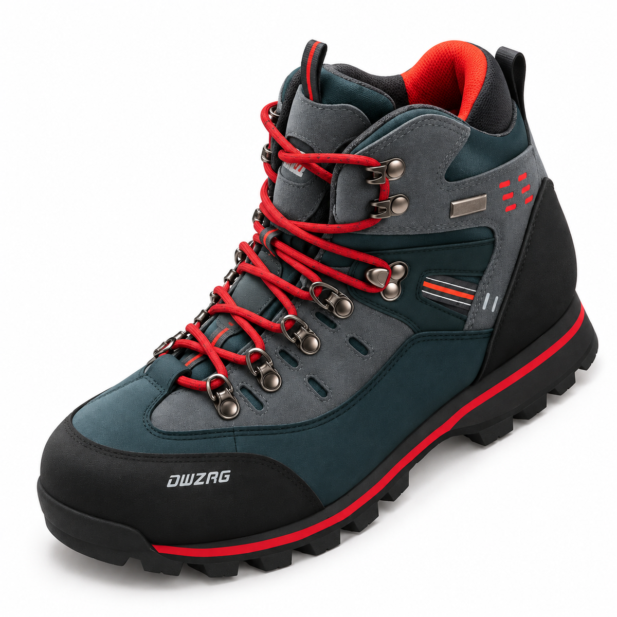 Chaussure de randonnée crantée noire et grise vue du dessus avec col rembourré et laçage rouge