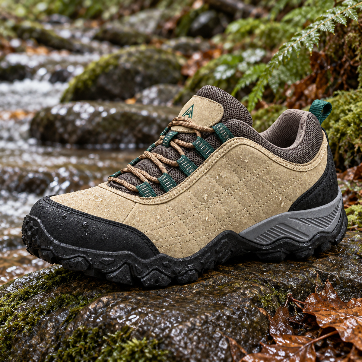 Chaussure randonnée cuir imperméable femme kaki complète sur roche humide près d'un ruisseau