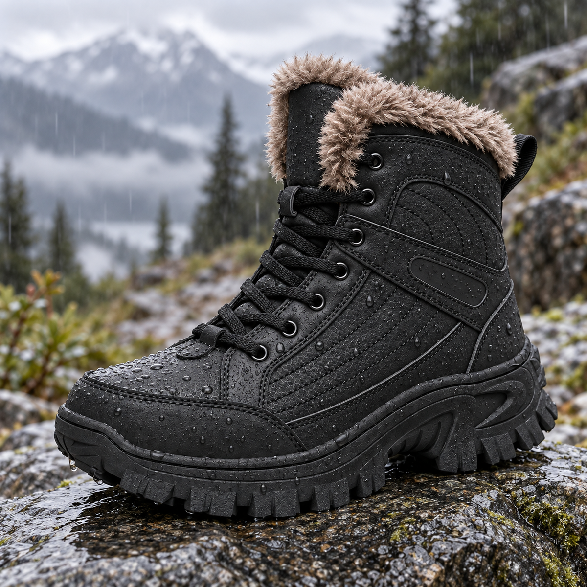 Chaussure randonnée cuir imperméable noire posée sur un rocher sous la pluie