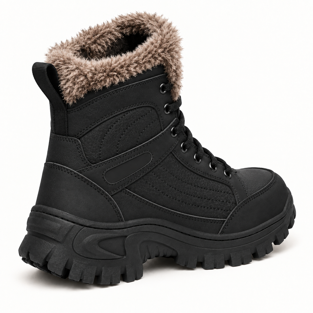 Chaussure randonnée cuir imperméable noire complète vue de profil sur fond blanc chaud