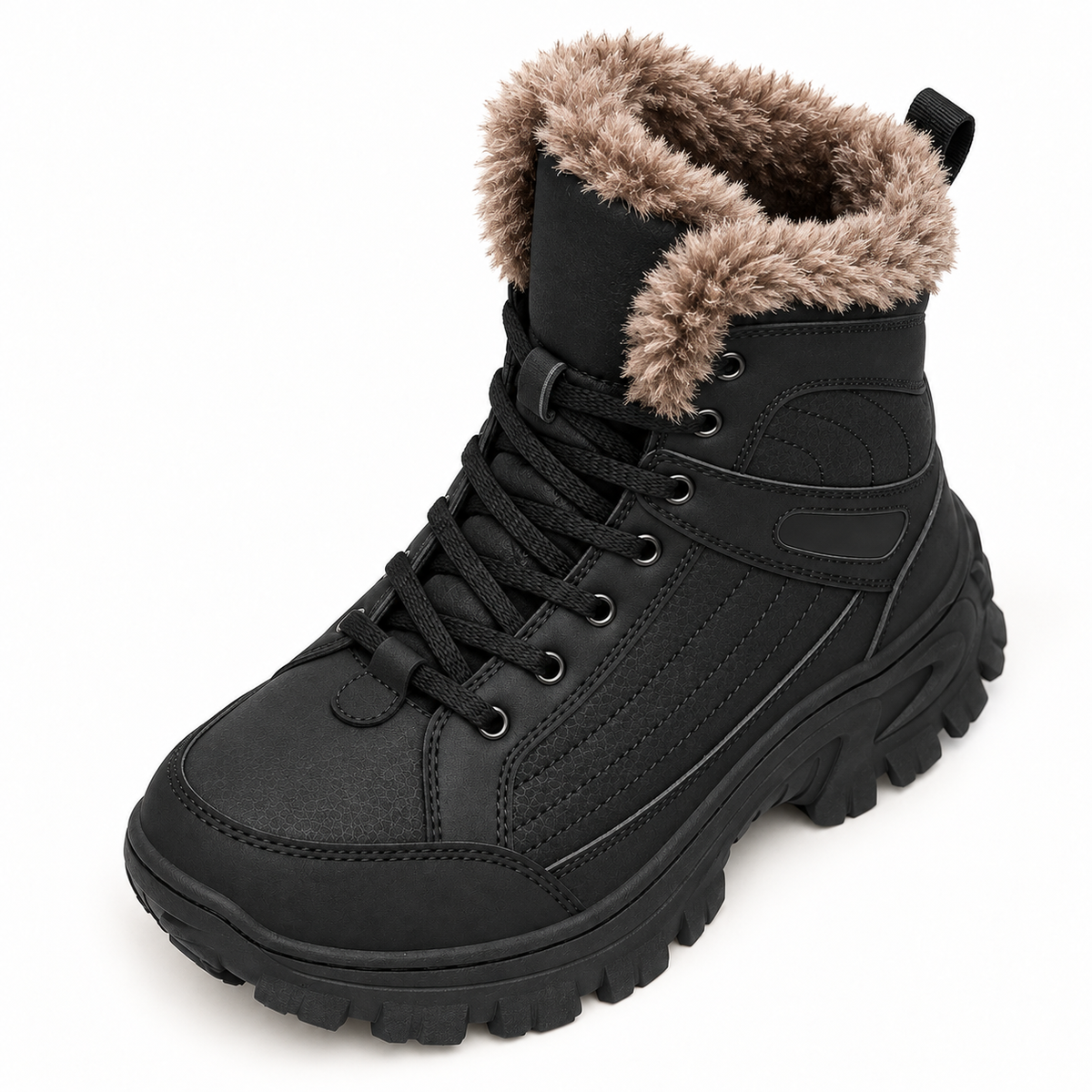 Chaussure randonnée cuir imperméable noire complète vue du dessus sur fond blanc chaud
