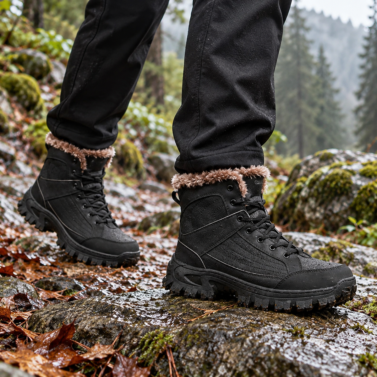 Chaussures randonnée cuir imperméables noires portées sur sentier rocheux humide