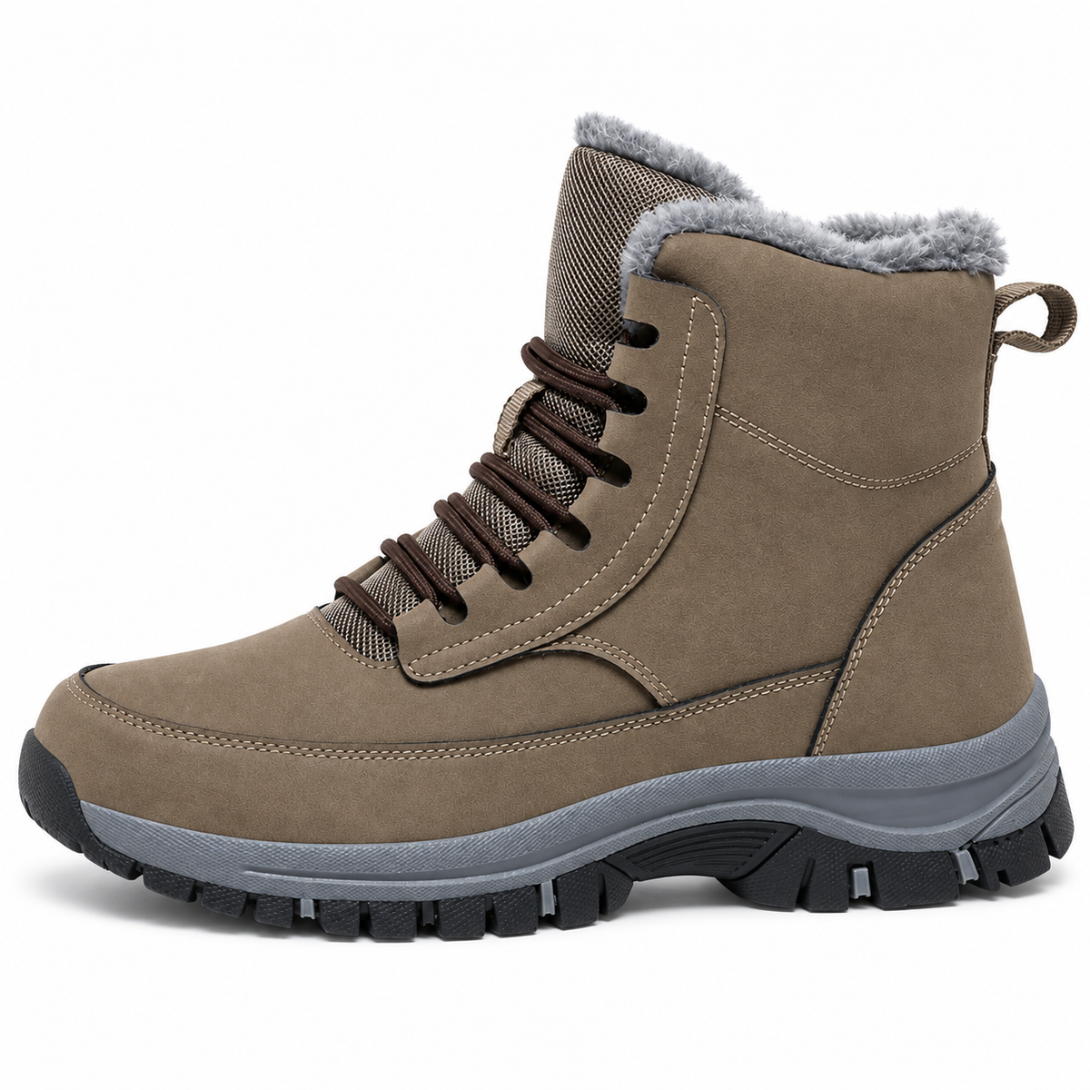 Chaussure randonnée daim kaki complète vue de profil sur fond blanc chaud