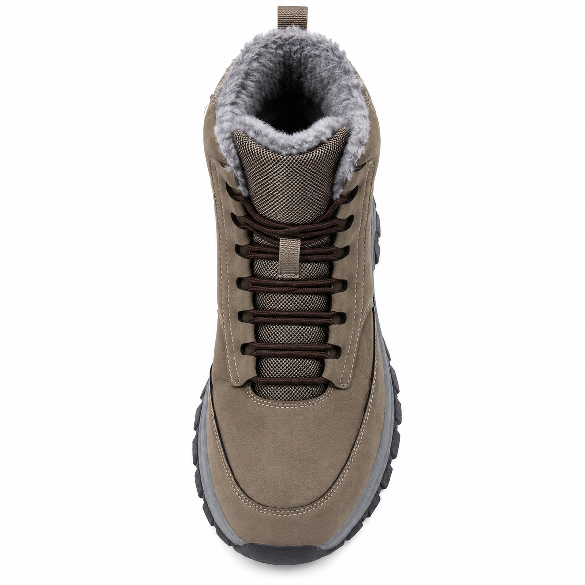 Chaussure randonnée daim kaki – vue du dessus et de la doublure