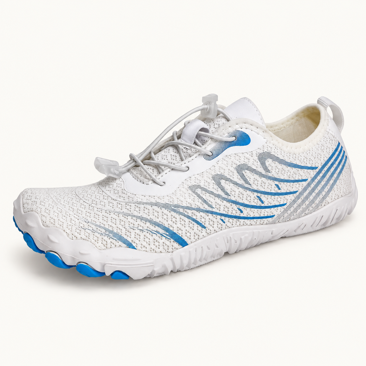 Chaussure randonnée doigt de pied blanc et bleu – vue trois-quarts