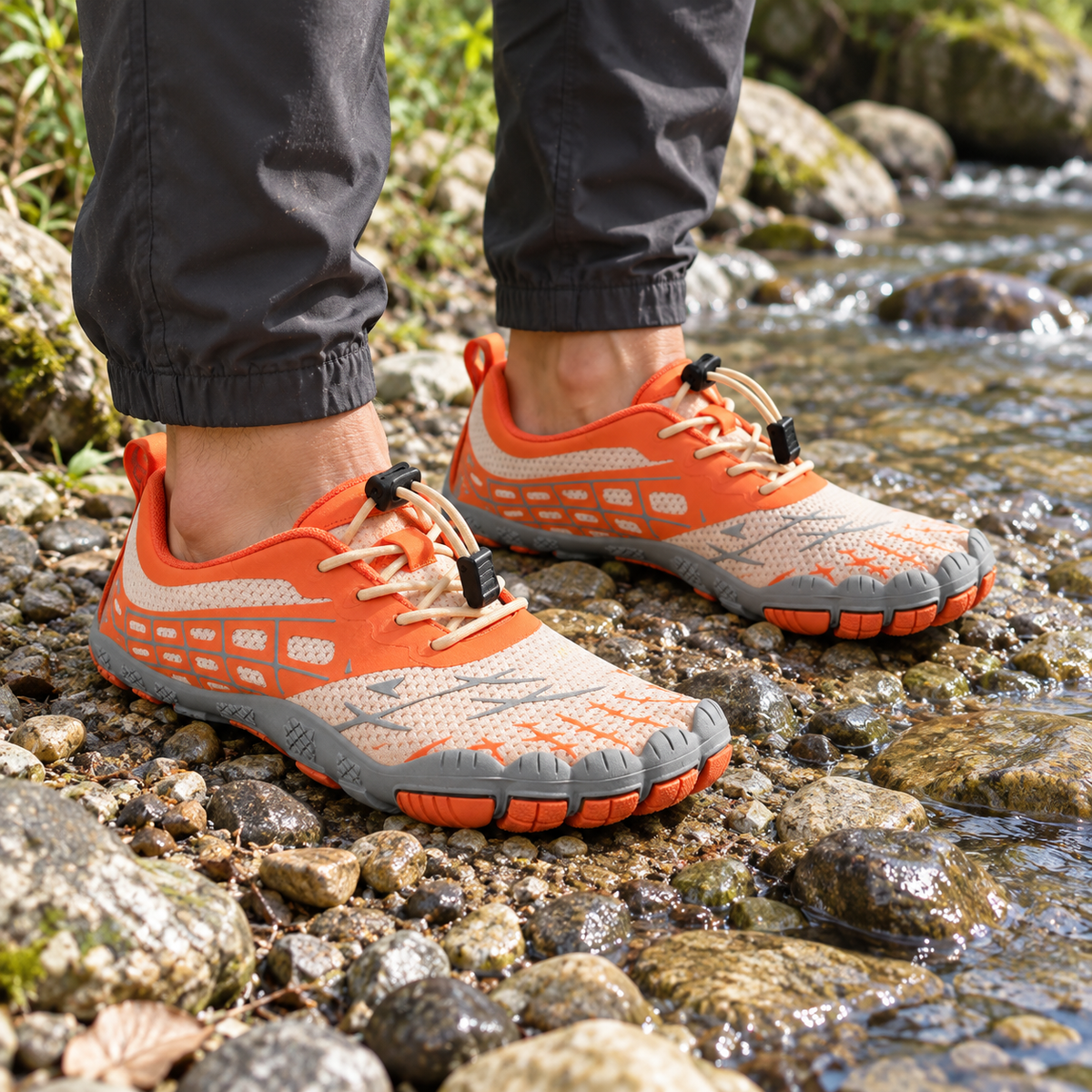 Paire de chaussures randonnée eau orange portée au bord d’un ruisseau