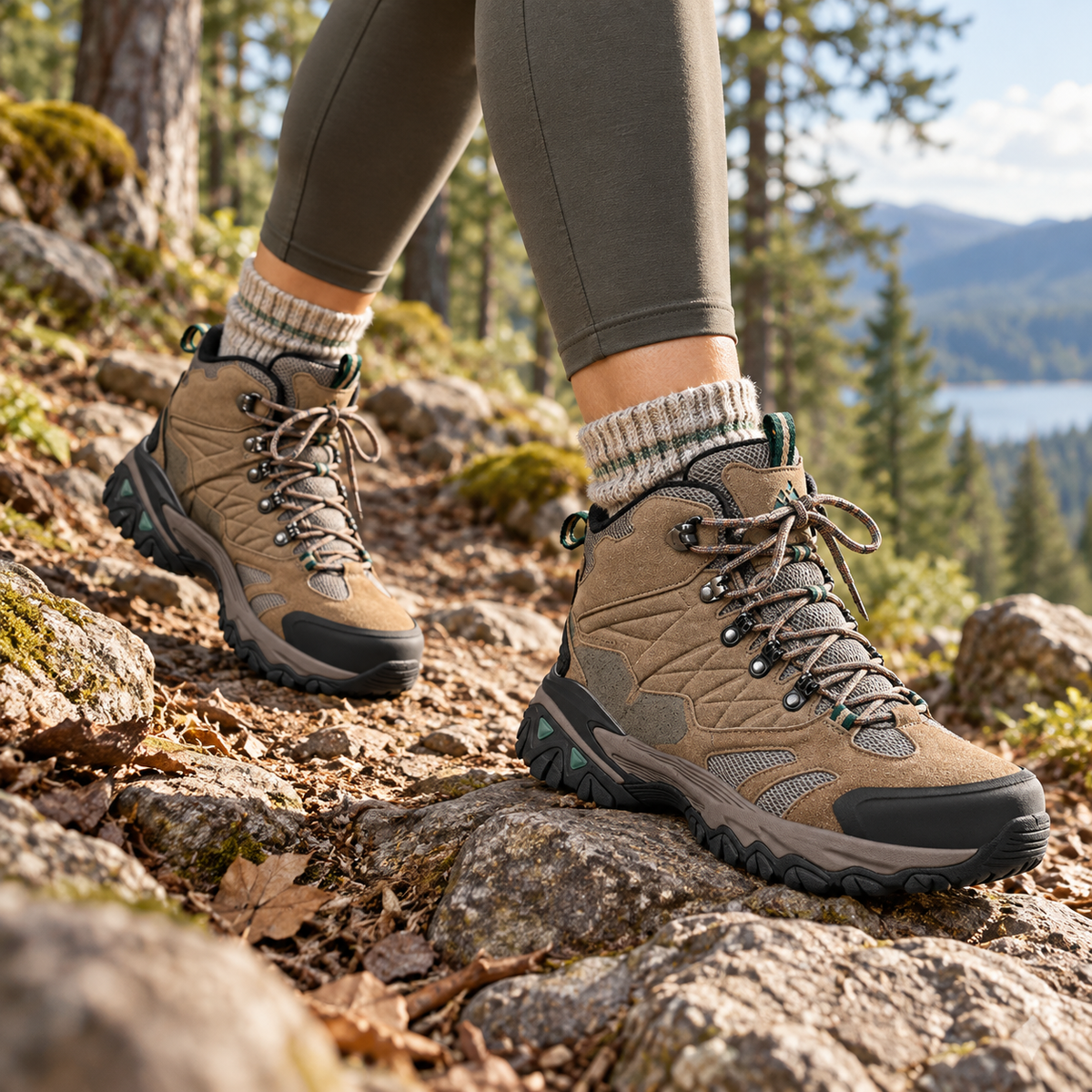 Chaussures randonnée femme cuir Marron portées sur sentier rocheux