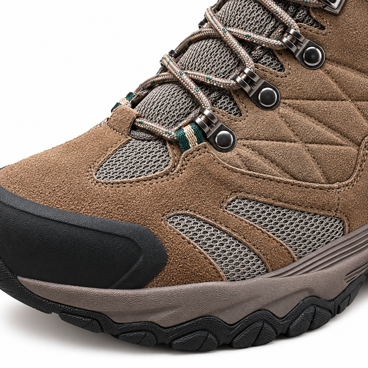 Chaussure randonnée femme cuir Marron – détail du suède, du mesh et du laçage