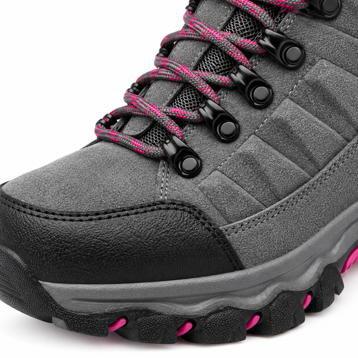 Chaussure randonnée femme imperméable montante grise – détail de la matière et du laçage