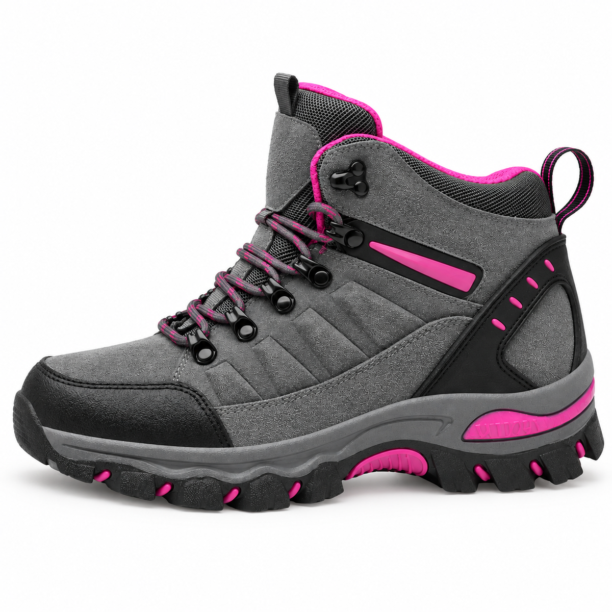 Chaussure randonnée femme imperméable montante grise complète vue de profil latéral sur fond blanc chaud