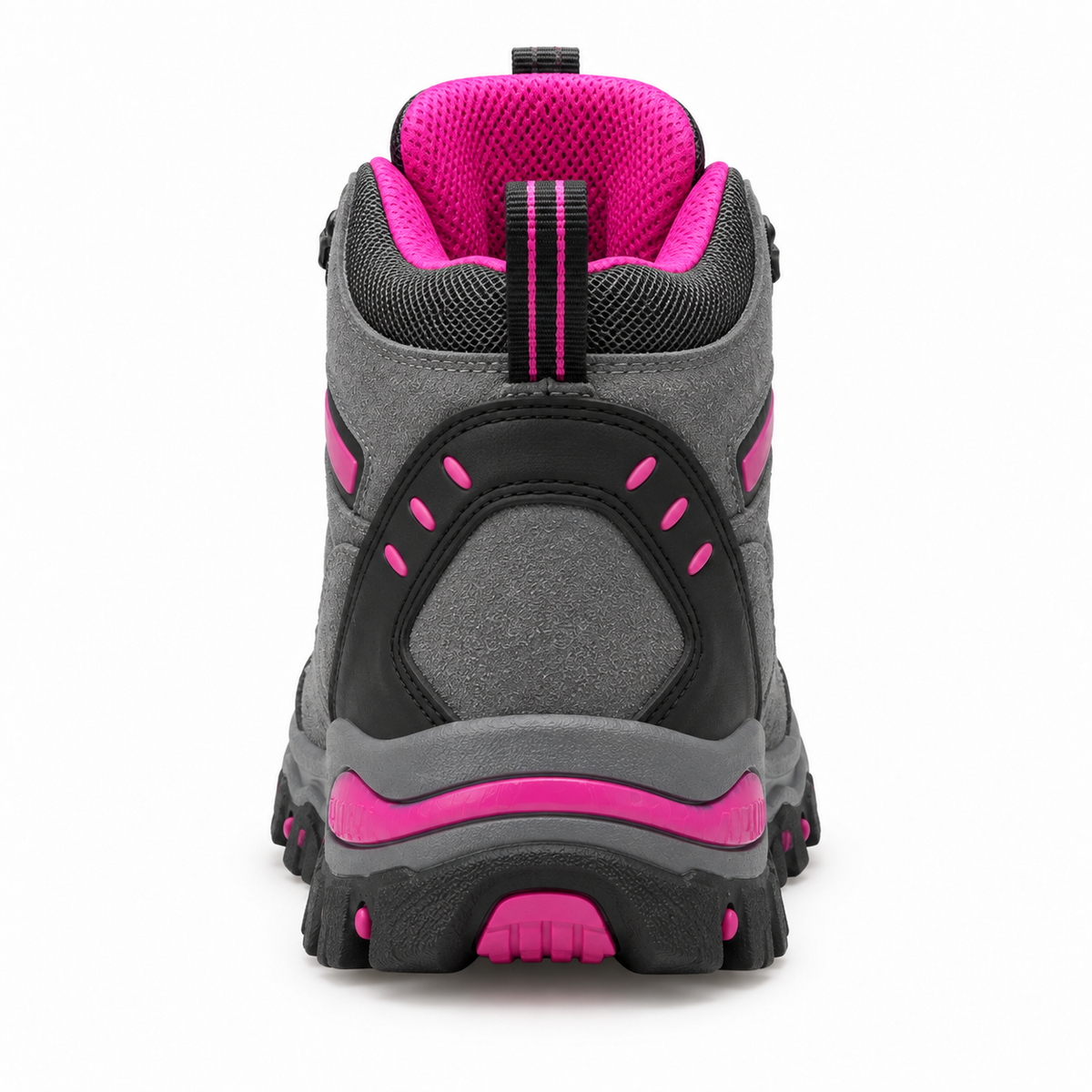 Chaussure randonnée femme imperméable montante grise complète vue arrière avec semelle attachée
