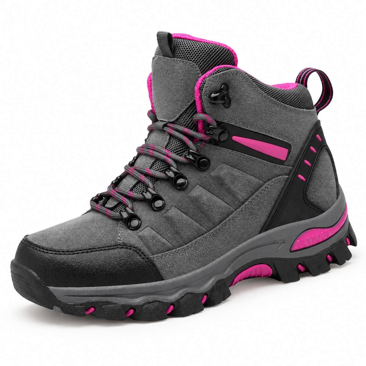 Chaussure randonnée femme imperméable montante grise et fuchsia sur fond blanc – vue trois-quarts