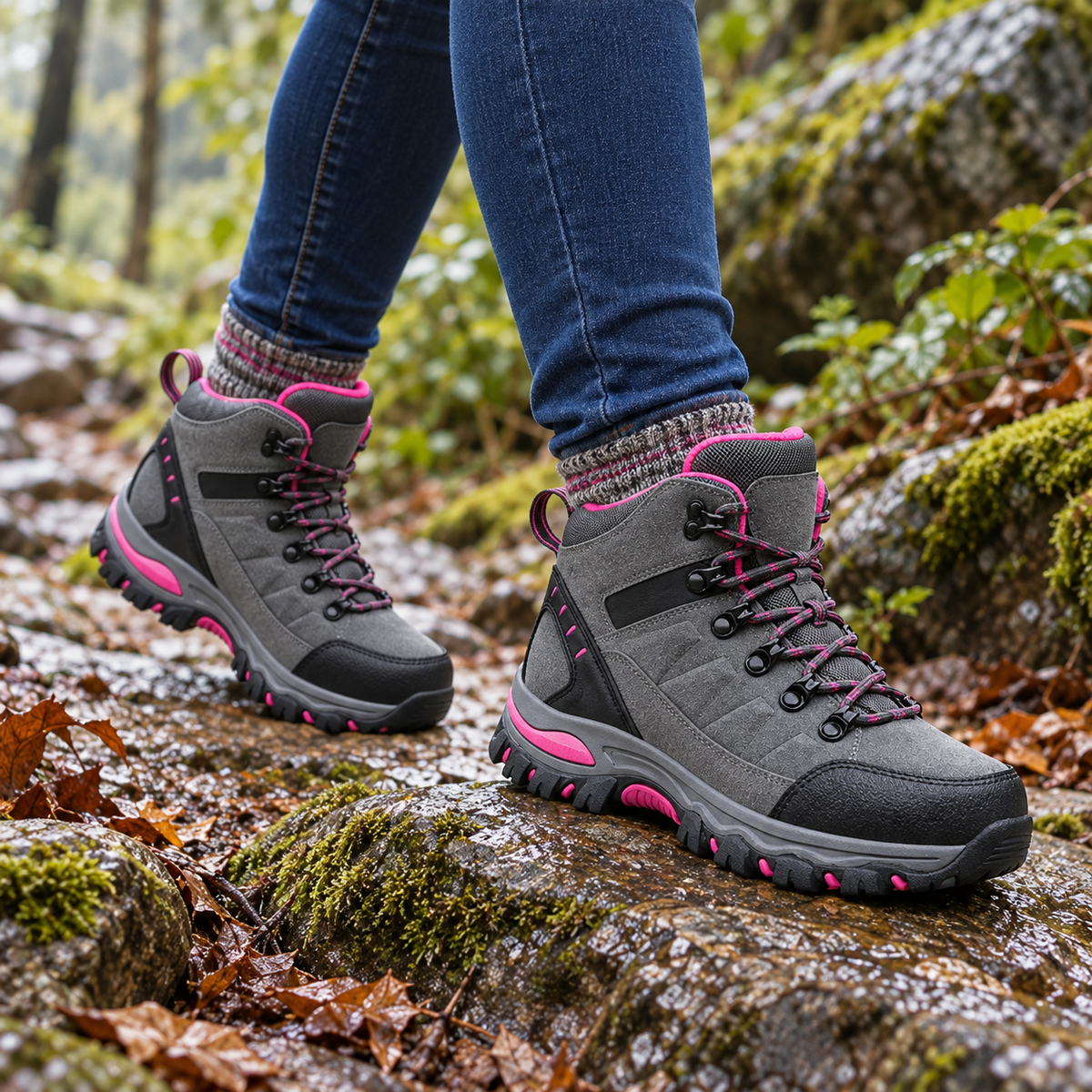 Chaussures randonnée femme imperméables montantes grises portées sur sentier humide