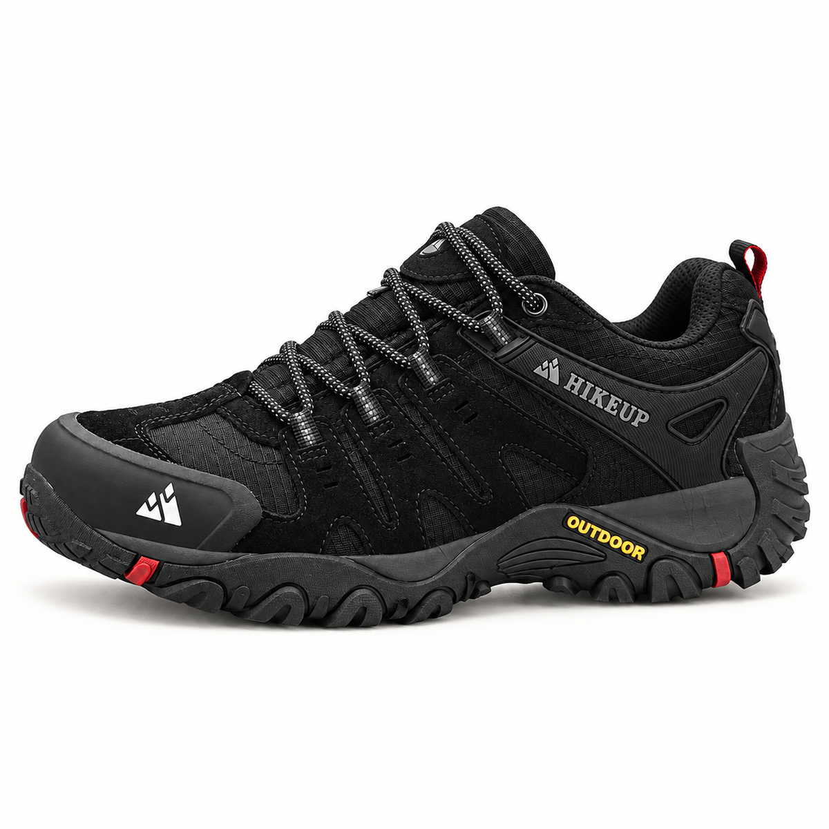 Chaussure randonnée femme noire avec accents rouges complète vue de profil latéral
