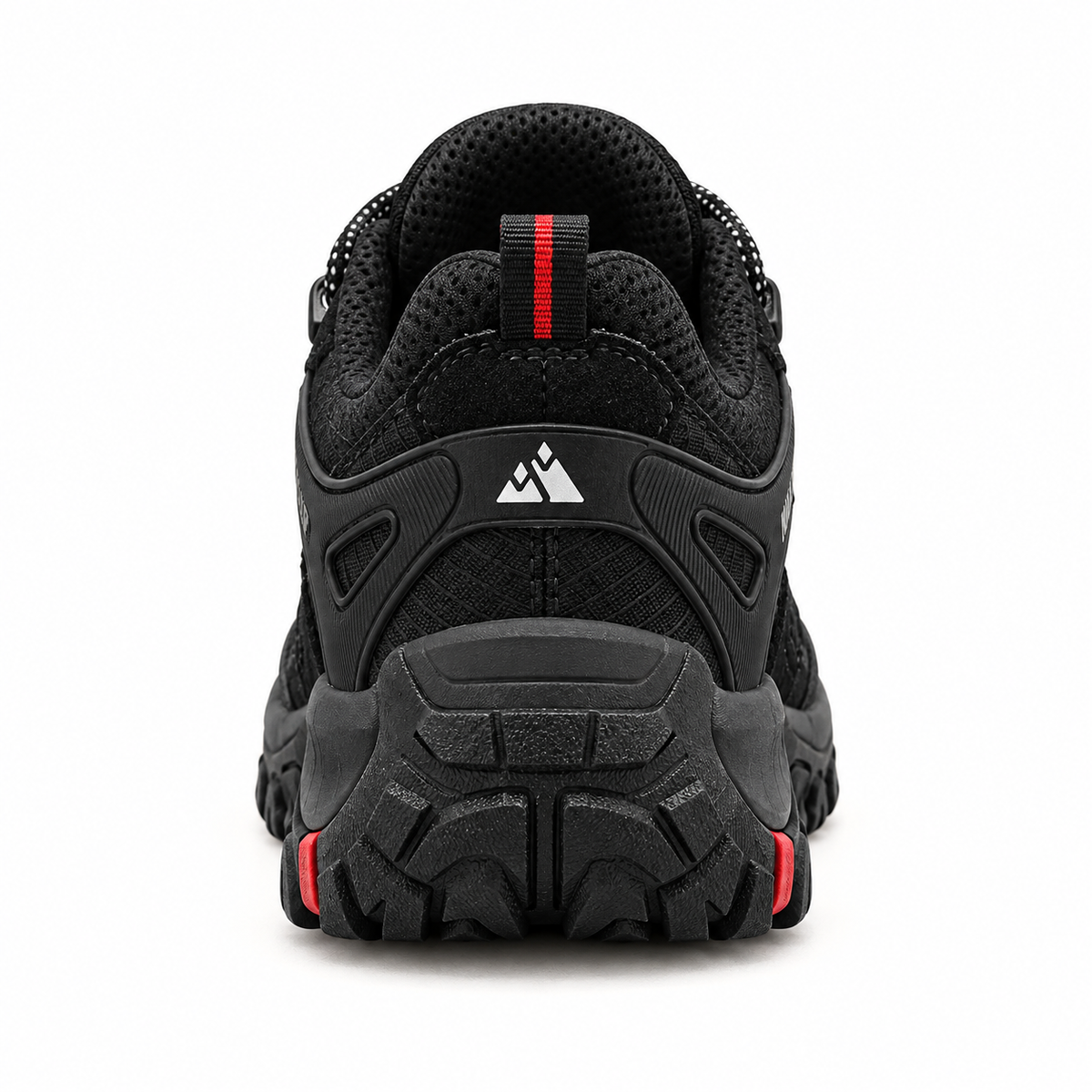 Chaussure randonnée femme noire avec accents rouges complète vue arrière et semelle attachée
