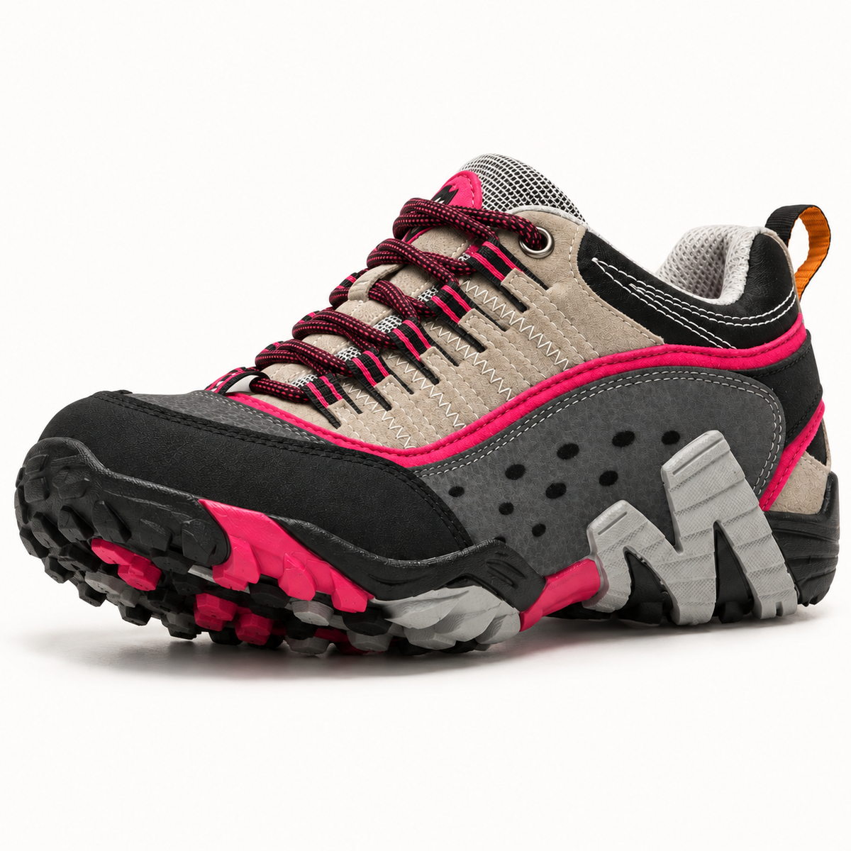 Chaussure randonnée femme souple beige et rose – semelle crantée attachée