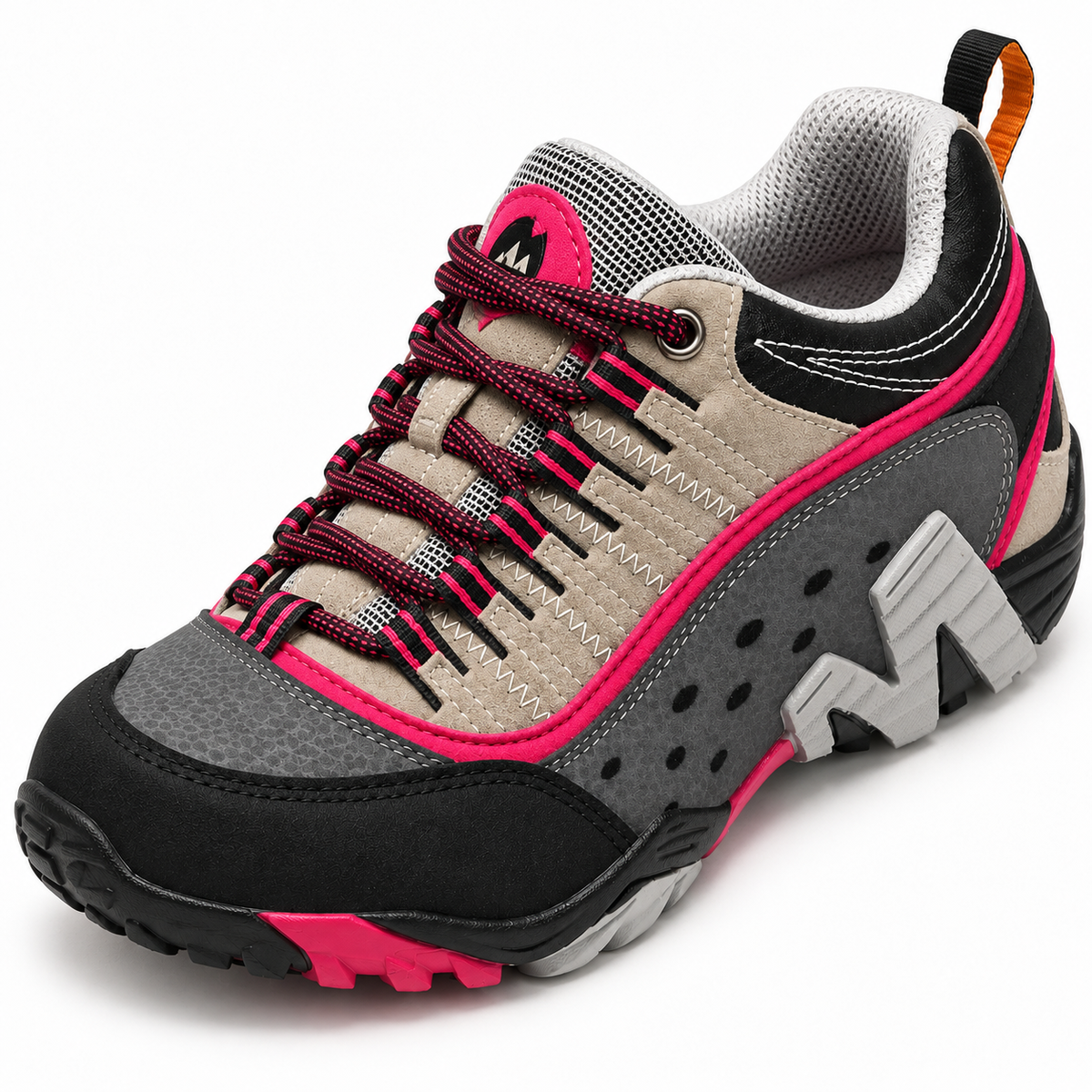 Chaussure de randonnée femme souple beige et rose vue du dessus avec col, doublure et laçage