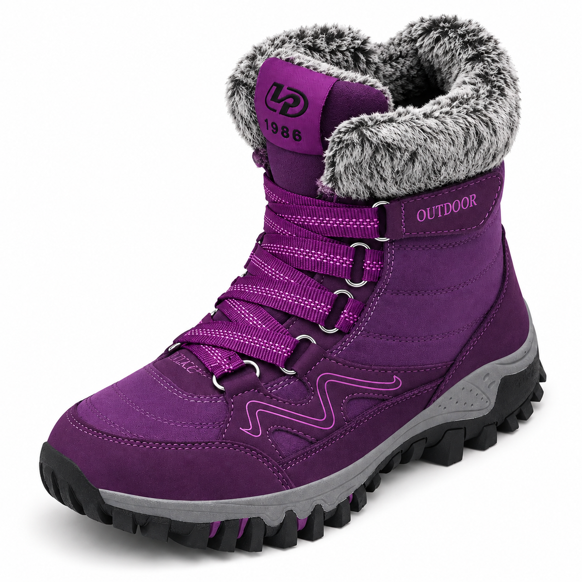 Chaussure randonnée grand froid violette complète avec ouverture, col fourré et laçage visibles
