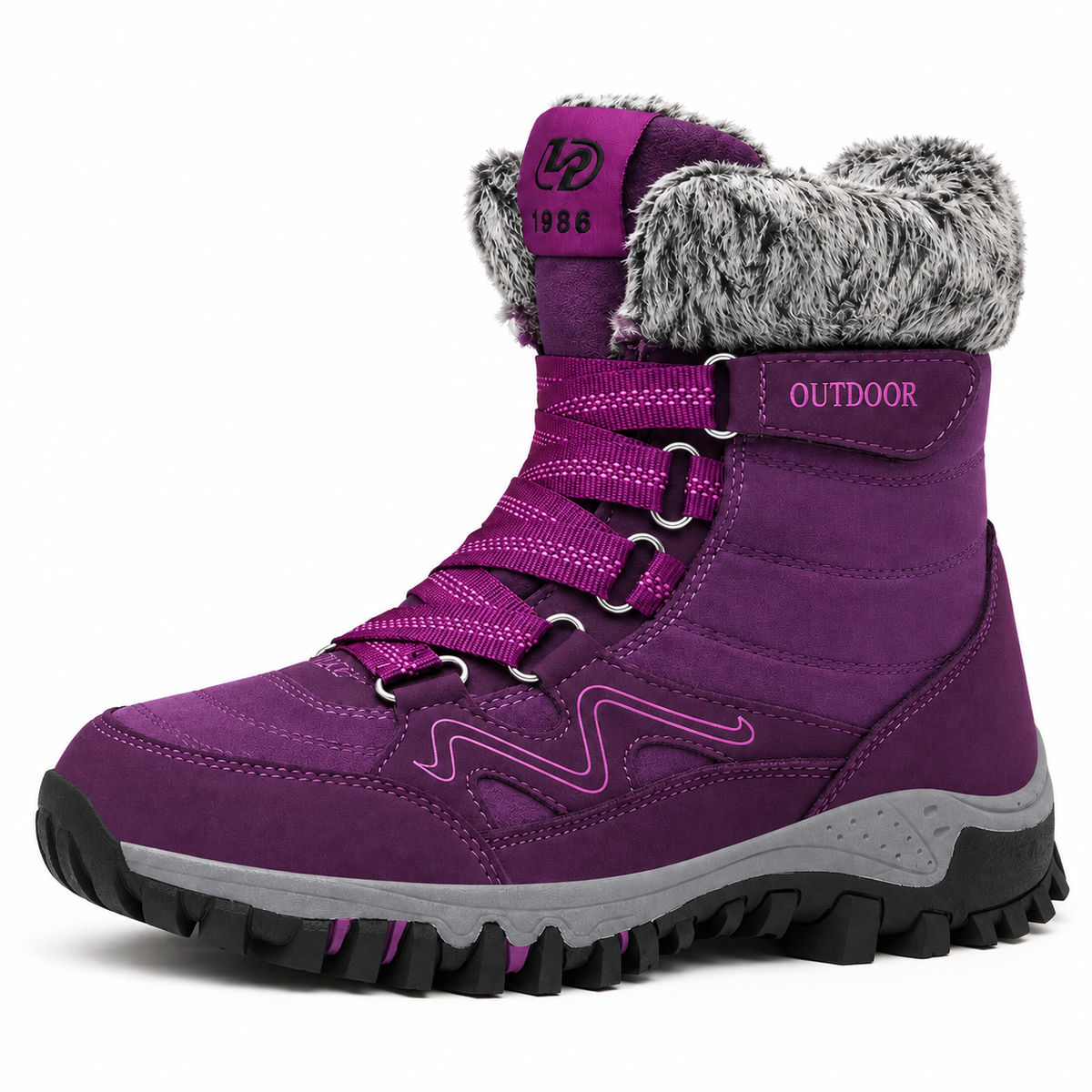 Chaussure randonnée grand froid violette complète vue de profil latéral sur fond blanc chaud