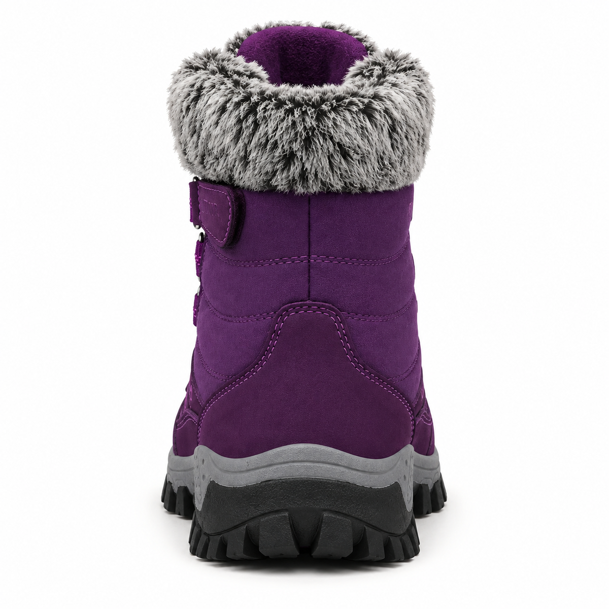 Chaussure randonnée grand froid violette complète vue arrière avec col fourré et semelle attachée