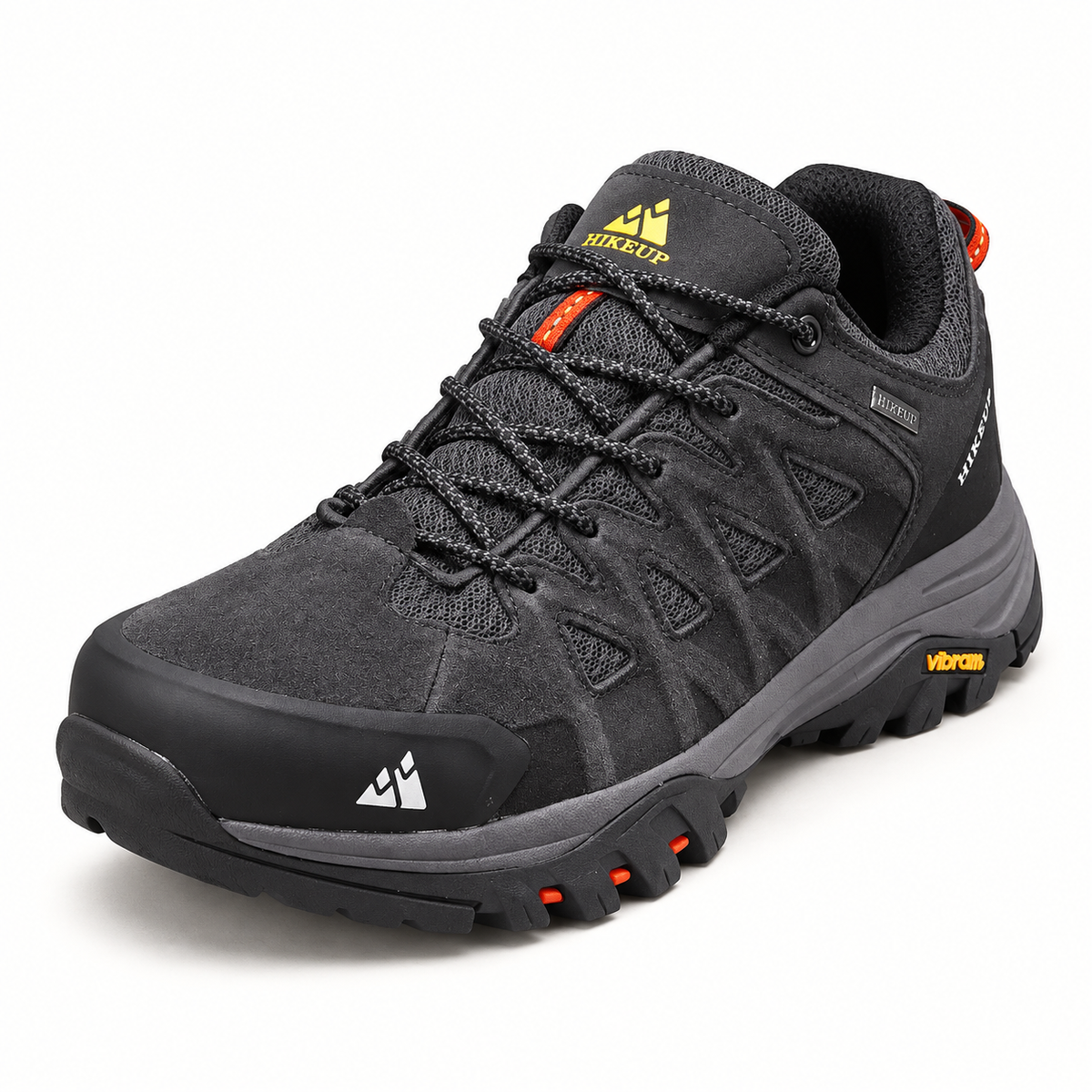 Chaussure randonnée homme anthracite avec accents orange sur fond blanc – vue trois-quarts