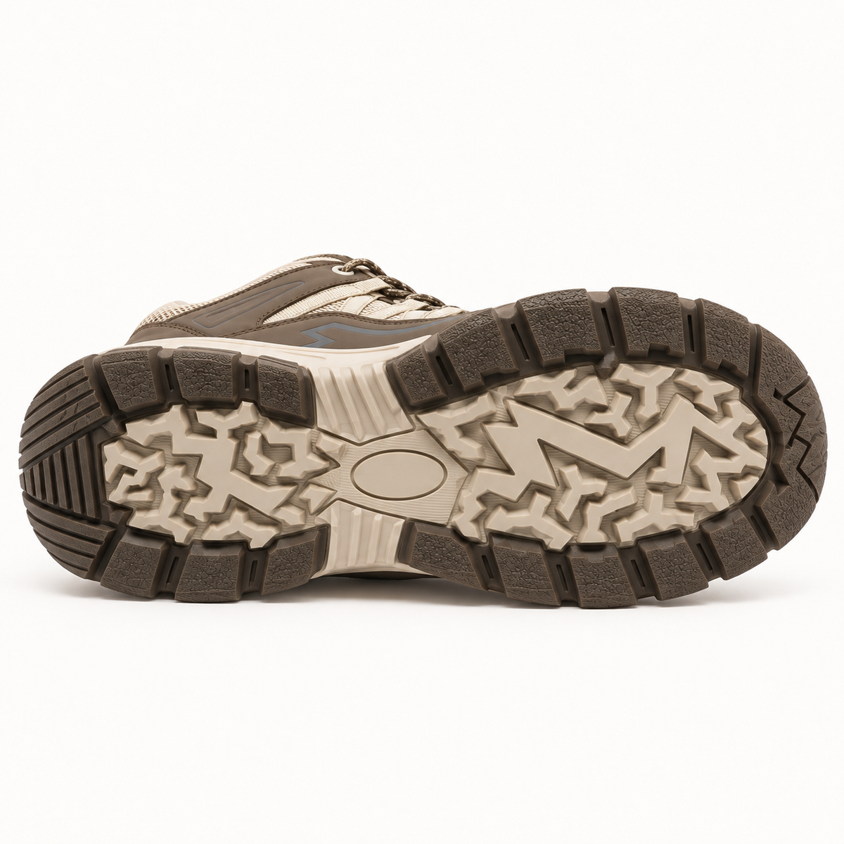 Chaussure randonnée mid cuir homme beige posée sur le côté avec semelle entière visible