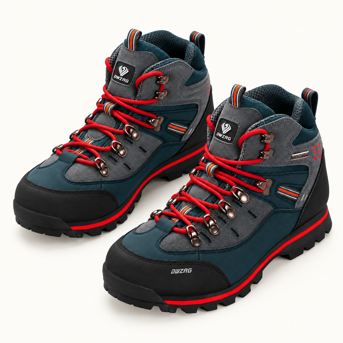 Paire complète de chaussures randonnée mid homme rouges sur fond blanc chaud
