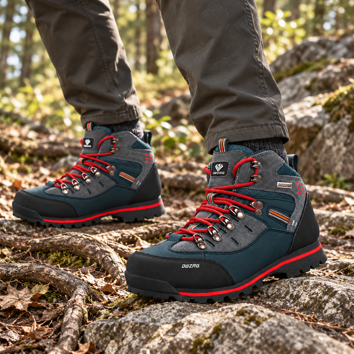 Deux chaussures randonnée mid homme rouges portées sur terrain rocheux en forêt