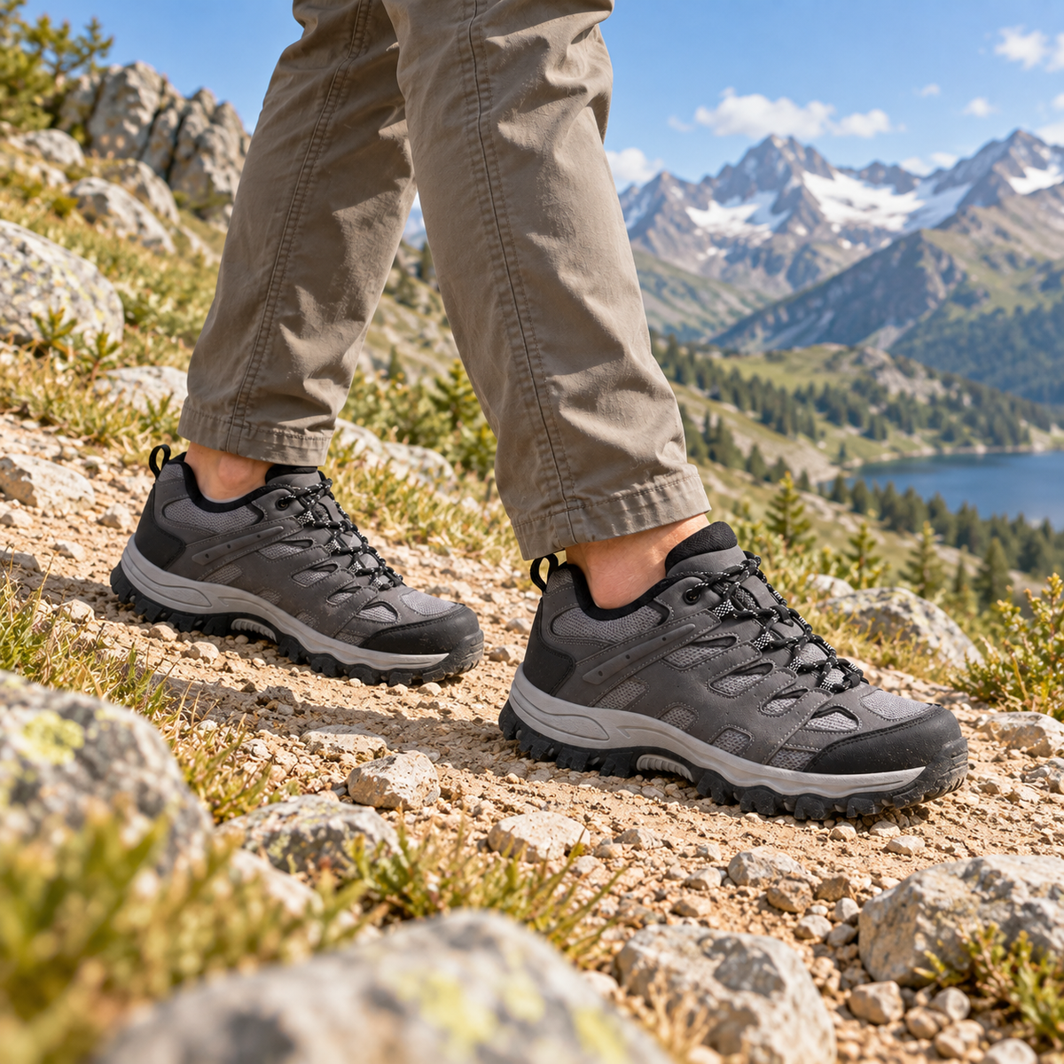 Chaussure randonnée montagne été grise portée par paire sur sentier rocheux