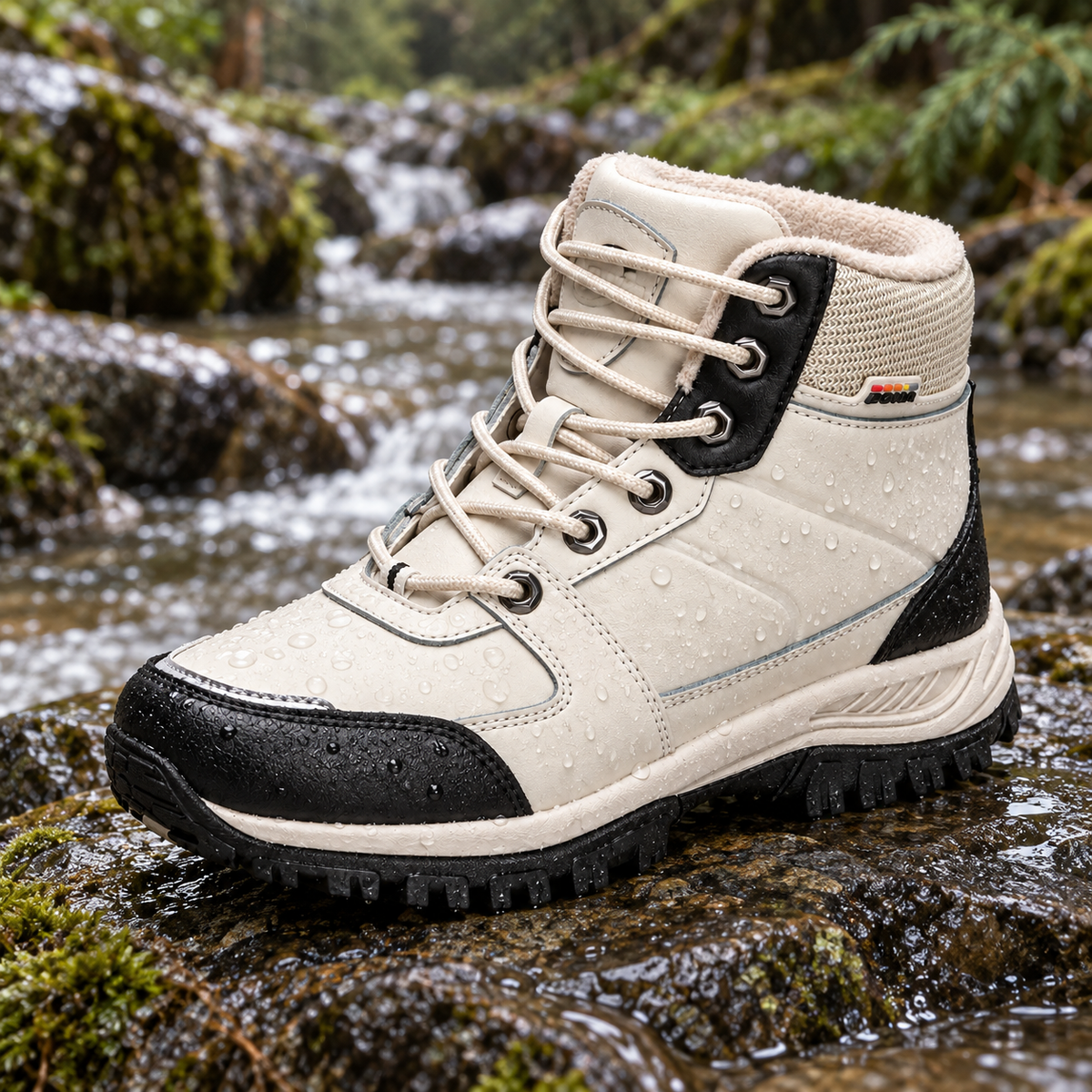 Chaussure randonnée montante imperméable beige complète sur une roche humide près d'un ruisseau
