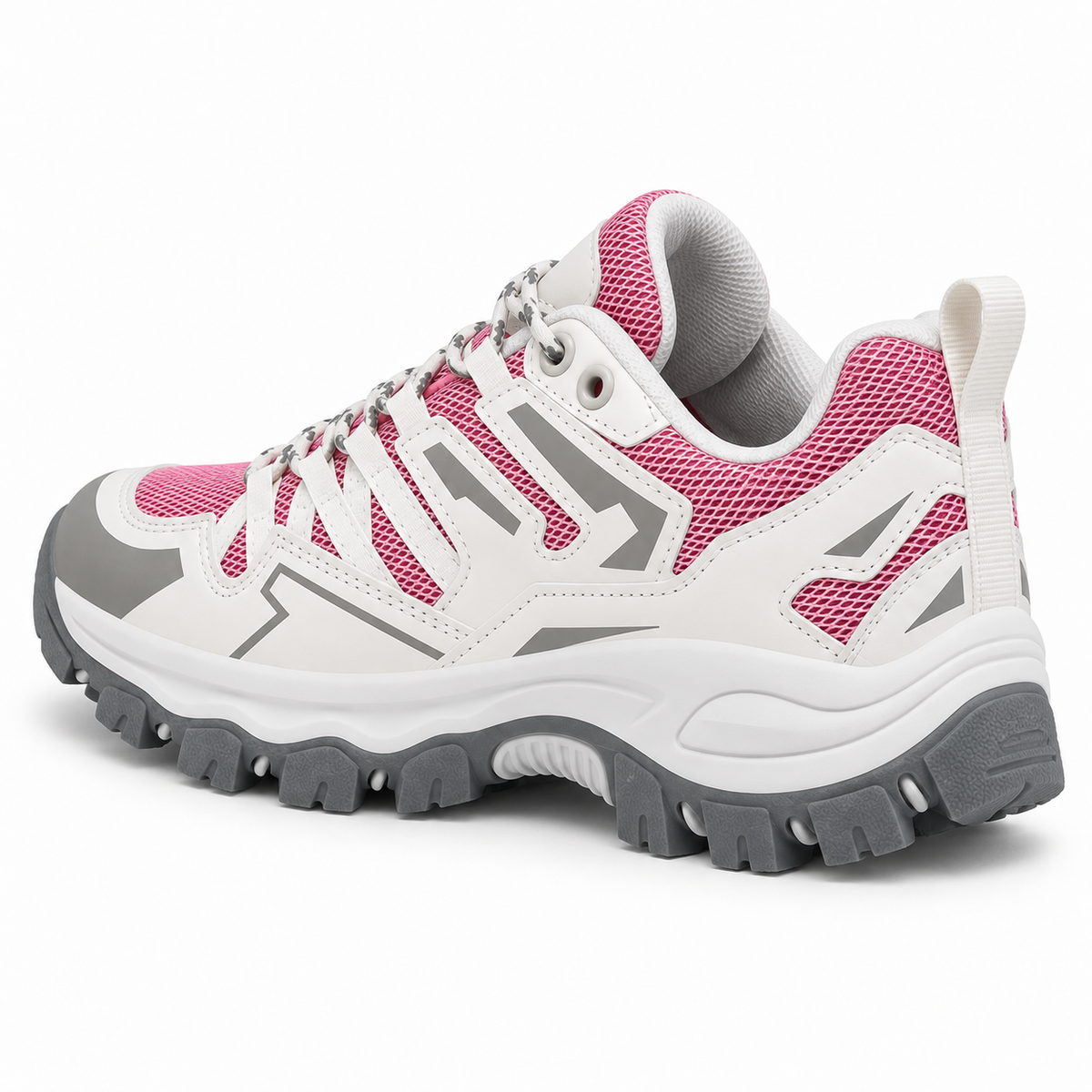 Chaussure de randonnée pieds sensibles rose et grise vue arrière montrant col rembourré et maintien du talon