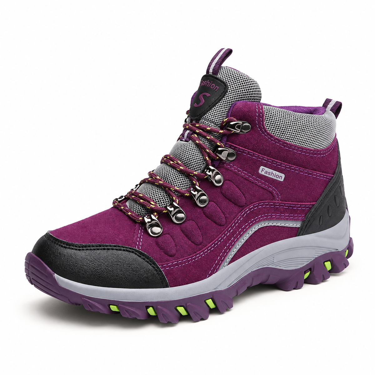 Chaussure de randonnée violette – vue trois-quarts sur fond blanc chaud