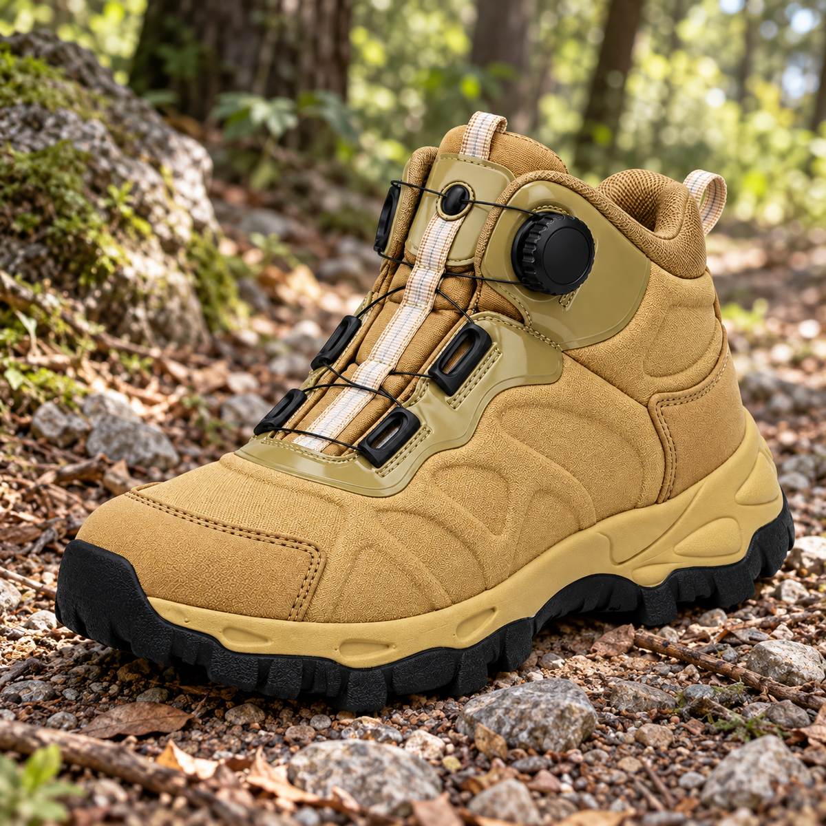 Chaussure style randonnée homme kaki complète sur un sentier forestier