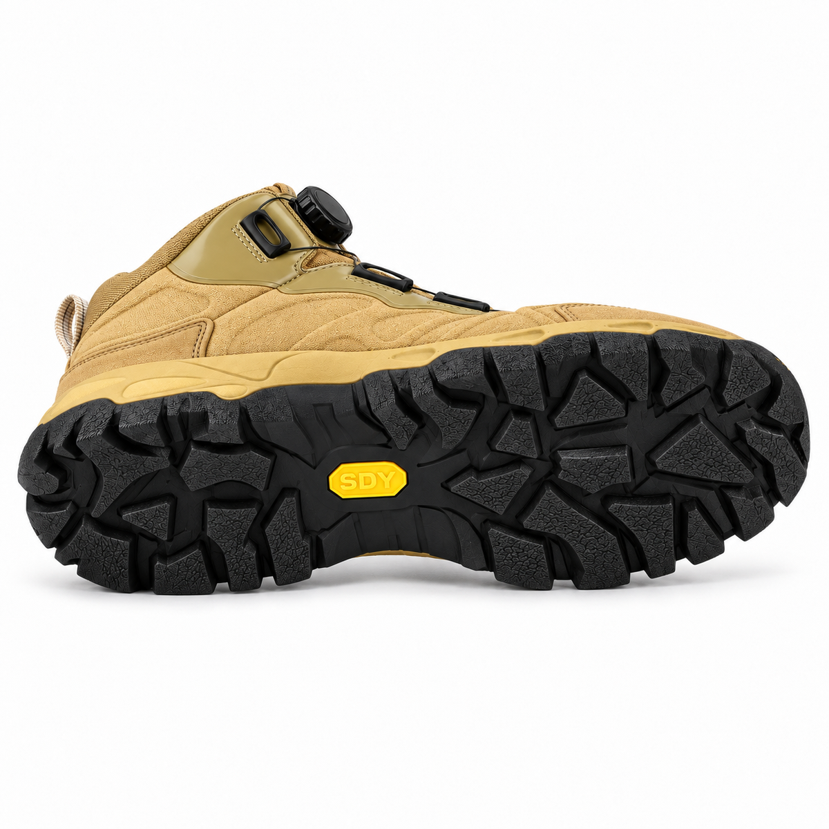 Chaussure style randonnée homme kaki posée sur le côté, semelle extérieure entière visible