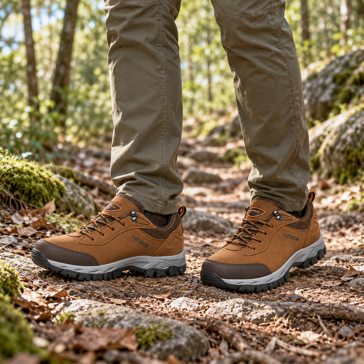 Paire de chaussures basses randonnée cuir marron portée en forêt