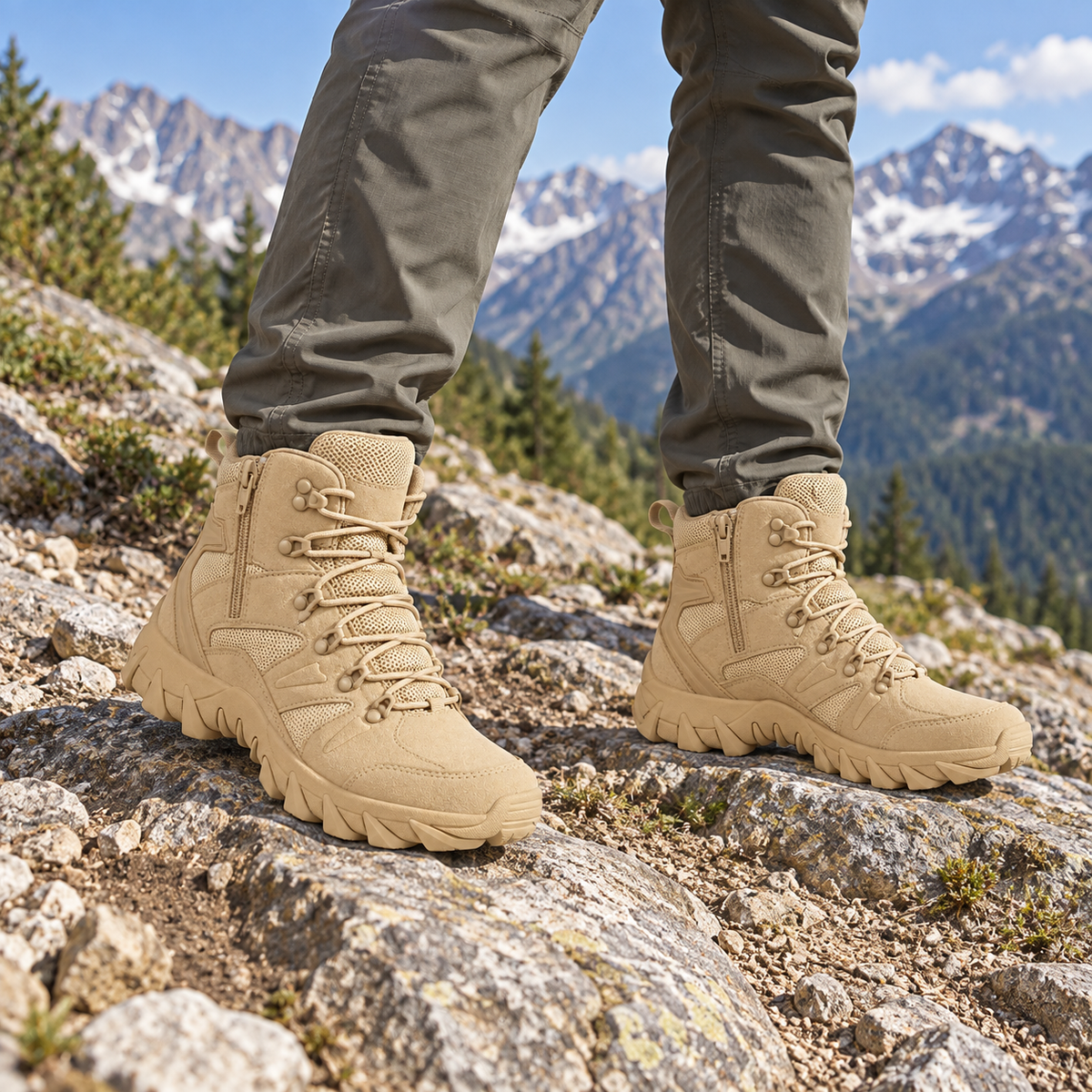 Paire de chaussures cuir hautes randonnée beiges portée avec deux pieds complets sur terrain rocheux