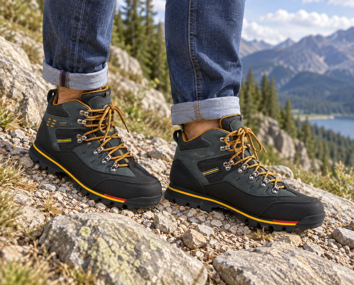 chaussures grande randonnee homme orange portees sentier rocheux